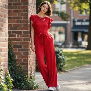 Rare Editions Holiday Sparkles Red Jumpsuit NEW Junior Sz 14 Flutter Sleeves Tie